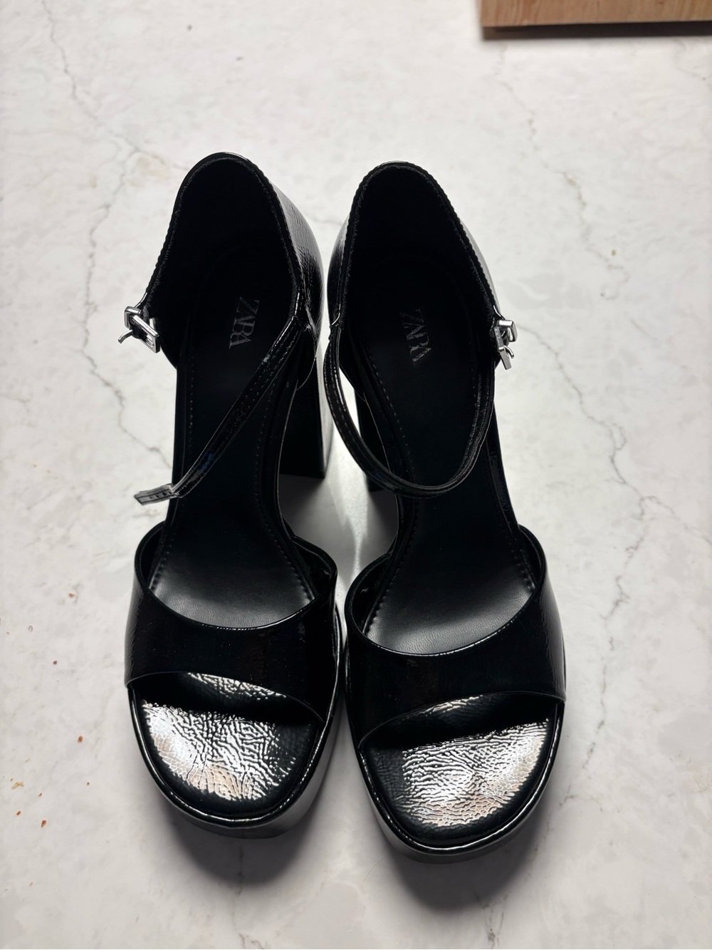 ZARA Black Patent Platform Block Heel Sandals